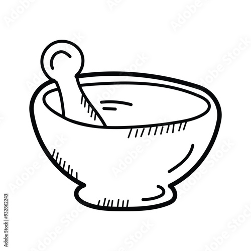 Traditional tool for grinding and mixing substance, mortar and pestle doodle icon