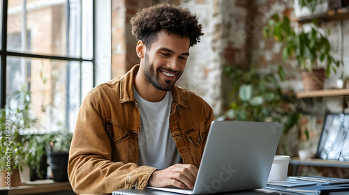 Happy man using laptop in a...
