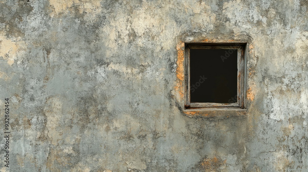 Old cement wall with a single small window, rustic and worn-down structure, minimalistic Old cement wall with a single small window, rustic and worn-down structure, minimalistic