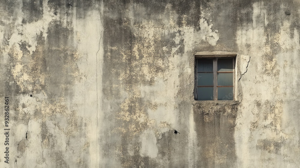 Old cement wall with a single small window, rustic and worn-down structure, minimalistic Old cement wall with a single small window, rustic and worn-down structure, minimalistic