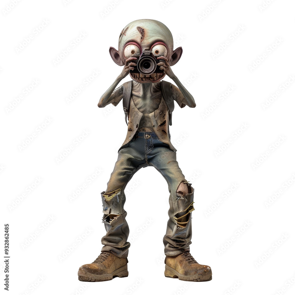 3D cartoon zombie character holding a camera, wearing tattered clothes and boots, isolated on white background. 3D cartoon zombie character holding a camera, wearing tattered clothes and boots, isolated on white background.