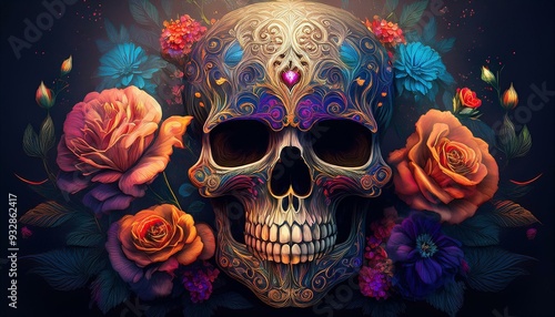 skull and flowers