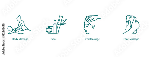 Vector Icons Set: Body Massage, Spa, Head Massage, Foot Massage