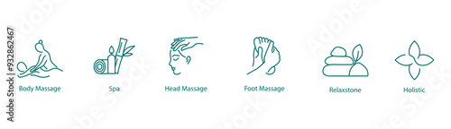 Vector Icons Set: Body Massage, Spa, Head Massage, Foot Massage, Relaxed Zone, Holistic