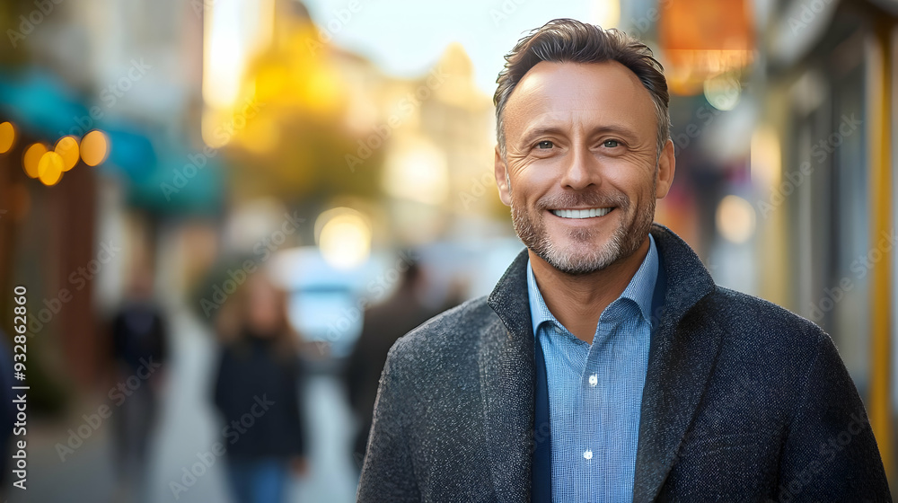 Happy middle-aged man smiling outdoors in a city street. Happy middle-aged man smiling outdoors in a city street.