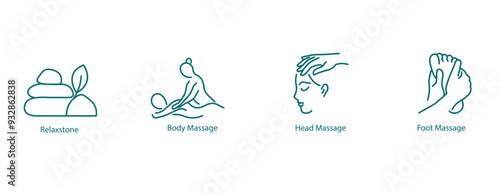 Vector Icons Set: Relax stone, Body Massage, Head Massage, Foot Massage