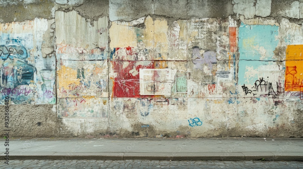 Fototapeta premium Old cement wall with layers of graffiti tags, street art over time, urban cultural history