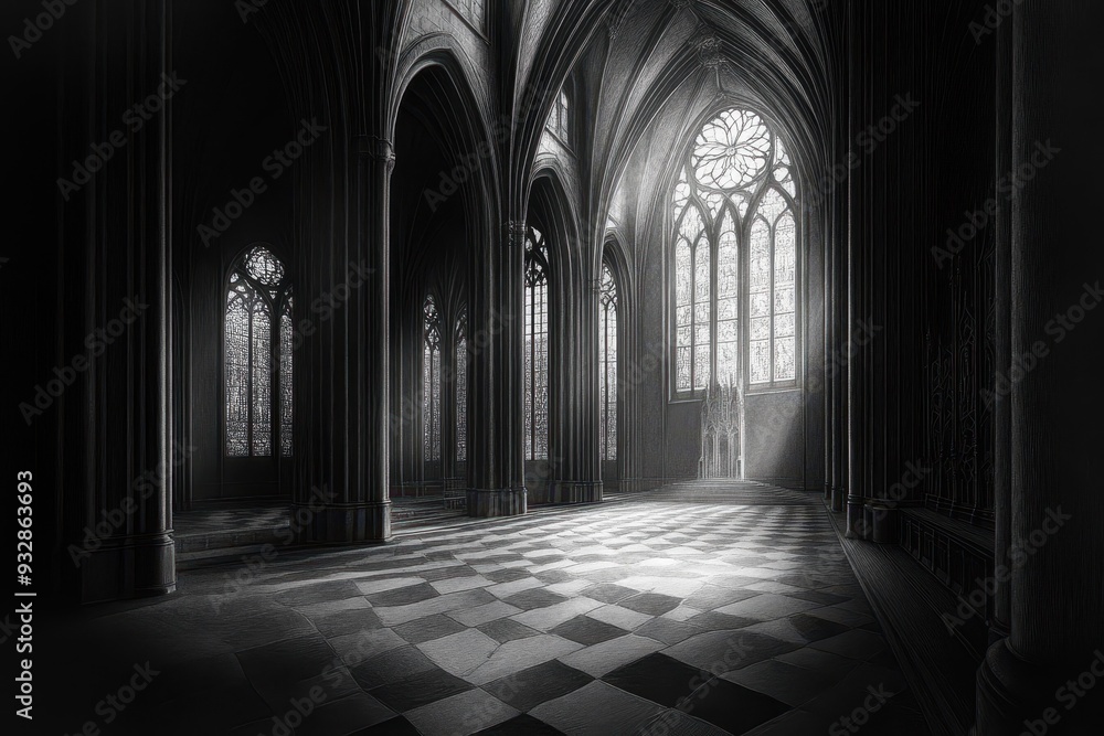 Fototapeta premium An intricate engraving of a Gothic cathedral, emphasizing the detailed architecture and stained glass windows