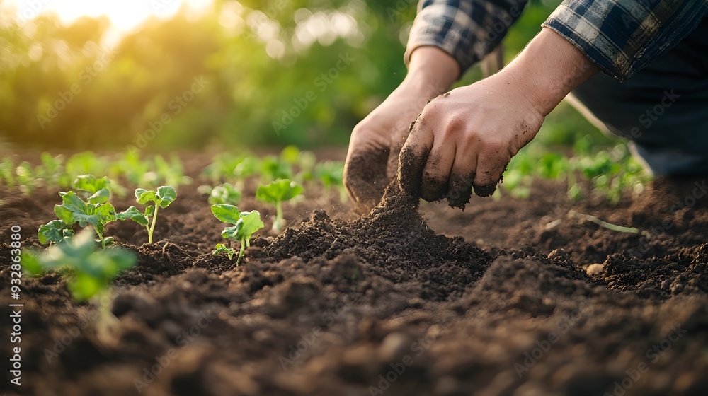 Farmers working the soil adding organic compost to prepare it for planting a variety of vegetables in a picturesque rural landscape setting with copy space on the right side