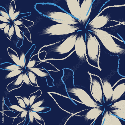 The pattern features large, bold flowers. A floral pattern textile tropical bicolor flower and leaves miniprint animal geometric textile clothes