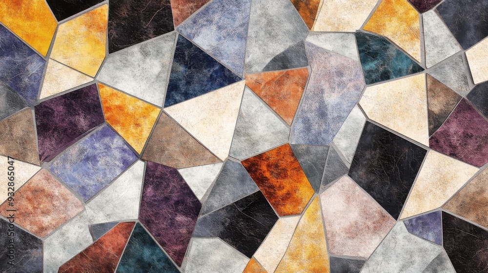 Fototapeta premium Abstract geometric mosaic pattern with vibrant colors, creating a dynamic and artistic background.