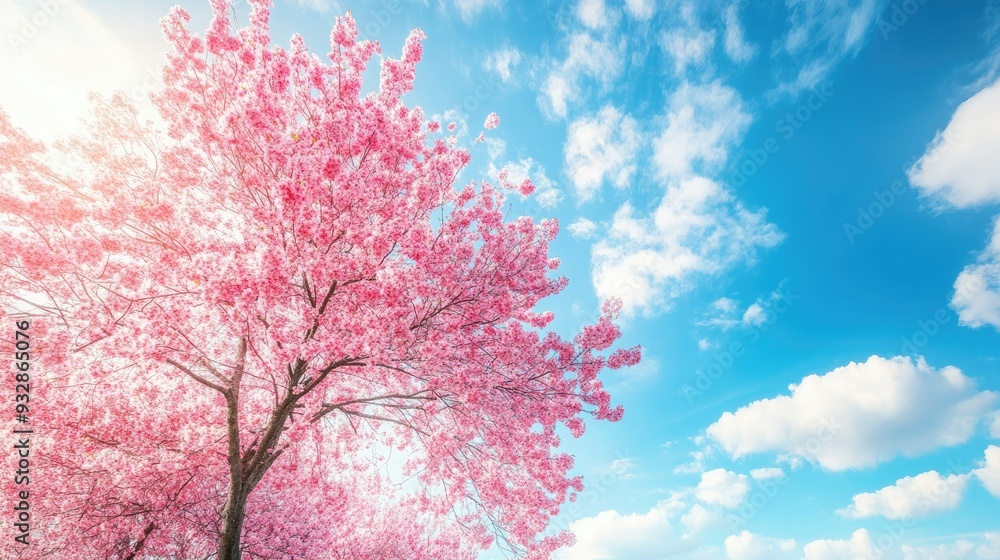 Pink cherry blossom tree against a blue sky, iconic and beautiful spring scene --ar 16:9 Pink cherry blossom tree against a blue sky, iconic and beautiful spring scene --ar 16:9