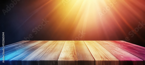 Colorful wooden table illuminated by soft rays of light, perfect for showcasing products or presentations in a vibrant setting. photo