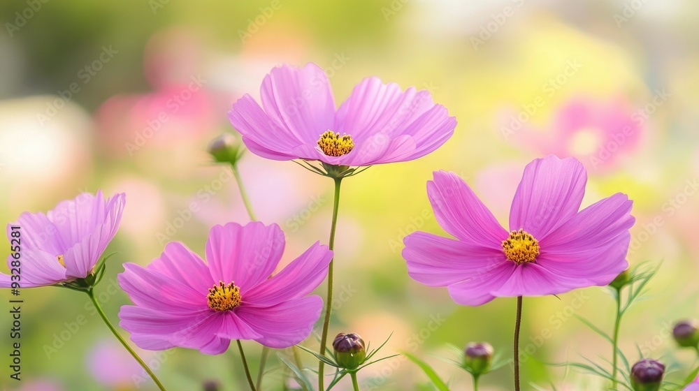 Pink cosmos flowers in a field, vibrant and cheerful, nature in bloom Pink cosmos flowers in a field, vibrant and cheerful, nature in bloom