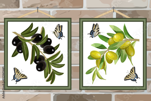 Set of illustrations with olives.Framed paintings with olive branches on a brick background in a vector set.