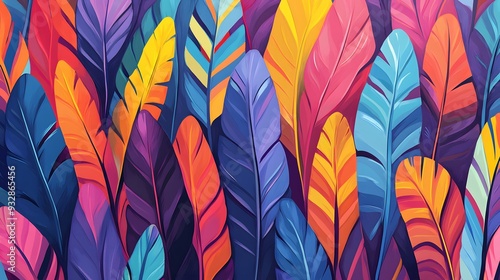 Wallpaper Mural Colorful Stylized Feathers Pattern, Mexican Art Style, Bright Palette, Tiling Perfect for Cultural Decor Torontodigital.ca
