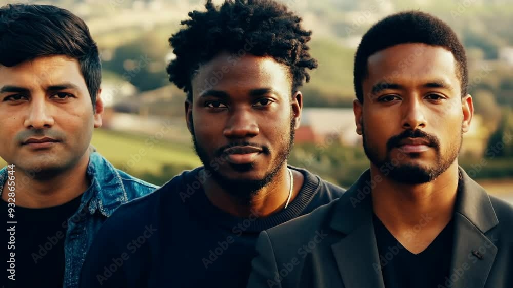 Three men standing together outdoors in a scenic landscape during sunset Three men standing together outdoors in a scenic landscape during sunset