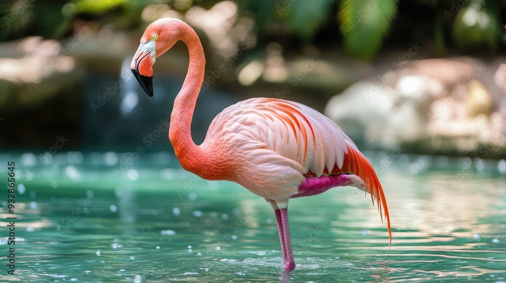Pink flamingo standing in shallow water, graceful and exotic bird, tropical wildlife Pink flamingo standing in shallow water, graceful and exotic bird, tropical wildlife