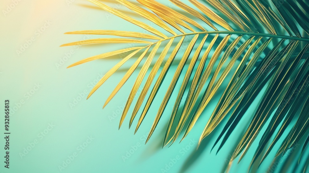Obraz premium Close-up of a palm leaf in natural sunlight, creating a tropical and tranquil vibe with soft green and yellow hues in the background.