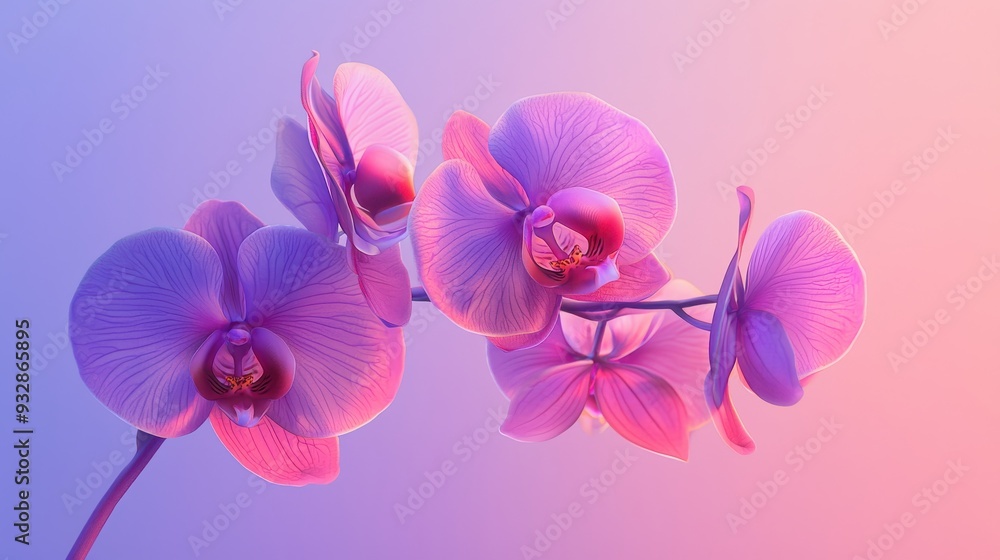 Close-up of vibrant pink and purple orchids on a soft gradient background, showcasing their delicate petals and serene beauty. Close-up of vibrant pink and purple orchids on a soft gradient background, showcasing their delicate petals and serene beauty.