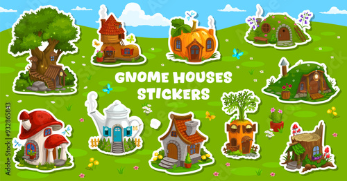 Cartoon fairytale gnome and elf house buildings stickers. Vector set of patches depicting whimsical treehouse, mushroom, teapot and carrot, stump, old boot, pumpkin and hillock in a green landscape