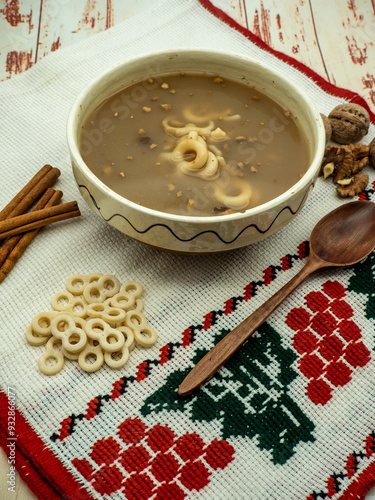 bowl with romanian traditional food known as mucenici muntenesti, served on 9th of March for orthodx holyday Martyrs photo