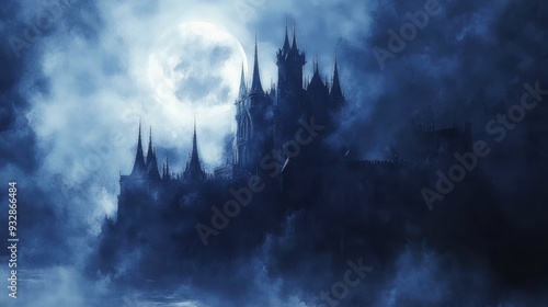 Gothic castle silhouette against a full moon sky, shrouded in dark misty clouds, evoking a mysterious, spooky, and eerie atmosphere.