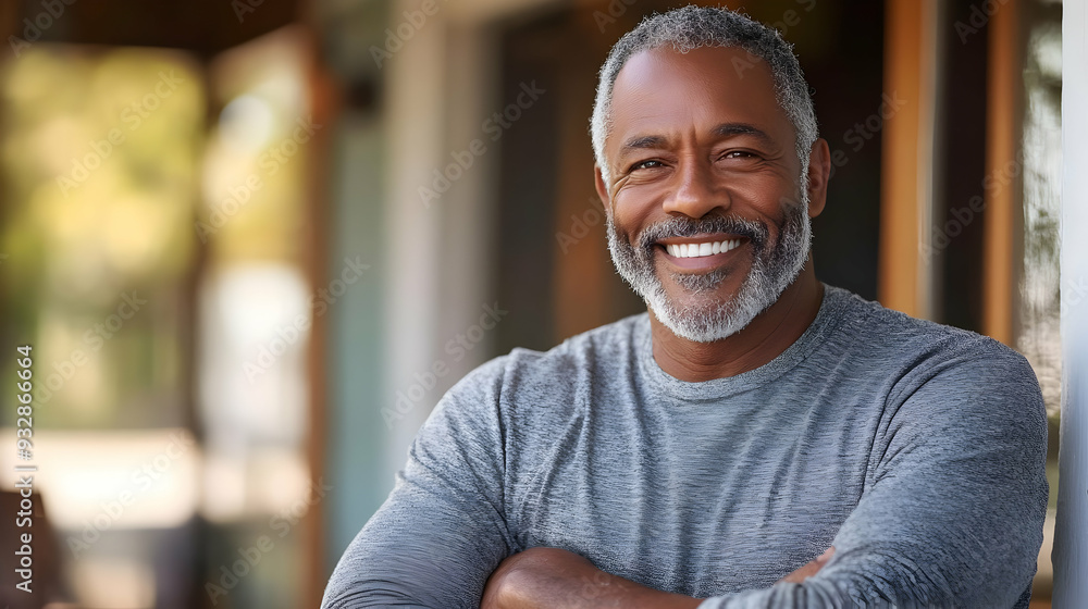 Happy, mature man standing in front of his home with a smile on his face. Happy, mature man standing in front of his home with a smile on his face.