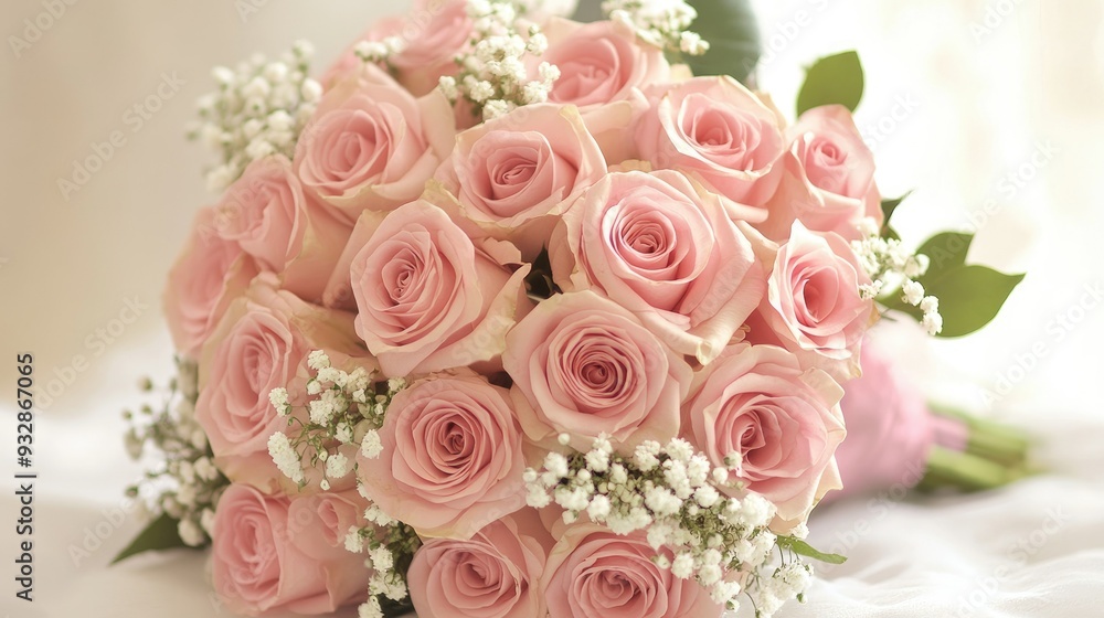 Obraz premium Pink roses in a bridal bouquet, romantic and elegant, wedding floral arrangement