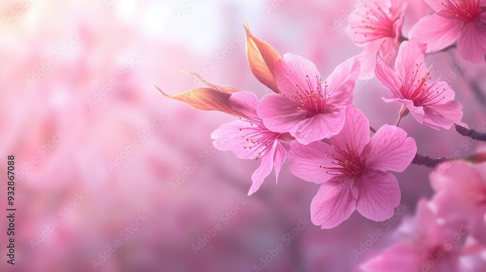 Pink sakura flowers on a branch, delicate and beautiful, springtime in Japan Pink sakura flowers on a branch, delicate and beautiful, springtime in Japan
