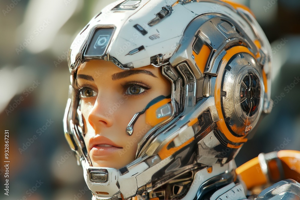 Fototapeta premium Close up of a female cyborg’s face with intricate mechanical details symbolizing the detailed craftsmanship and advanced design involved in the future of cybernetic enhancements and AI integration