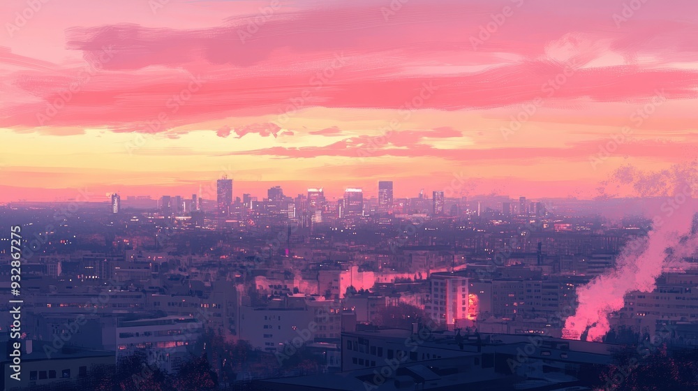 Obraz premium Pink sunset over a city skyline, peaceful and serene urban landscape, pastel evening light -
