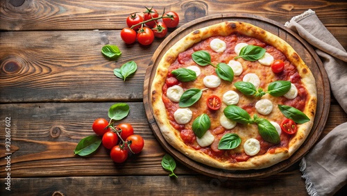 Delicious Napolitan Margherita pizza on a wooden table , Italian, food, pizza, margherita, fresh, tomatoes, cheese, basil