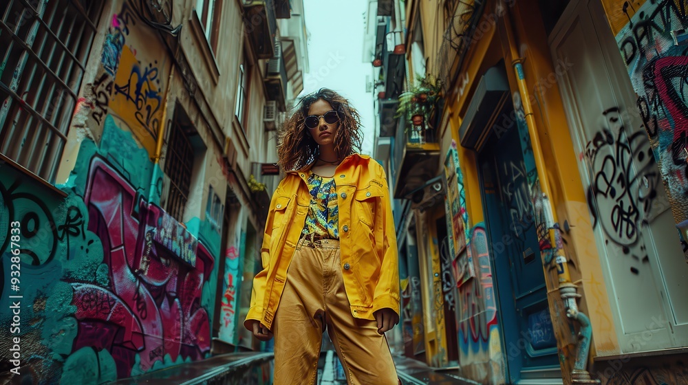 Fototapeta premium Woman in Yellow Jacket Posing in Graffiti Alleyway