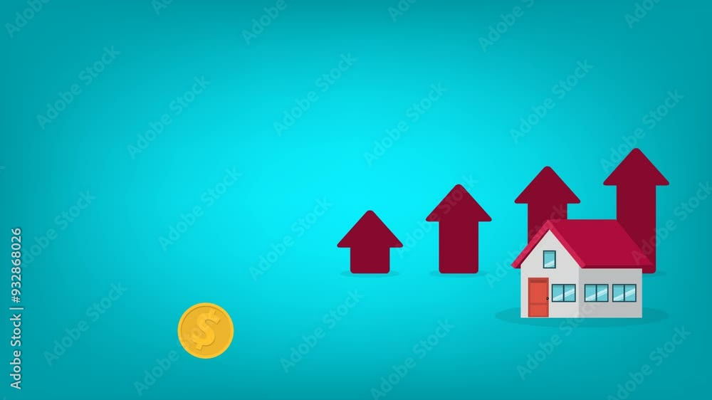 Arrows rise up above the house. The concept of growth in demand for real estate. Increase in the value of property Arrows rise up above the house. The concept of growth in demand for real estate. Increase in the value of property