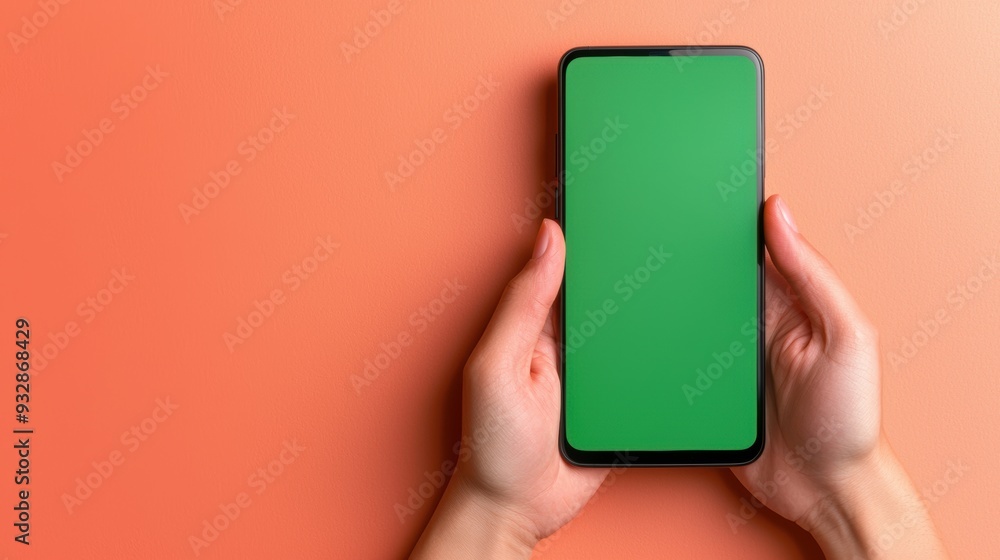 Minimalist Green Screen Smartphone Held by Hands on Coral Background for Content Overlay Minimalist Green Screen Smartphone Held by Hands on Coral Background for Content Overlay