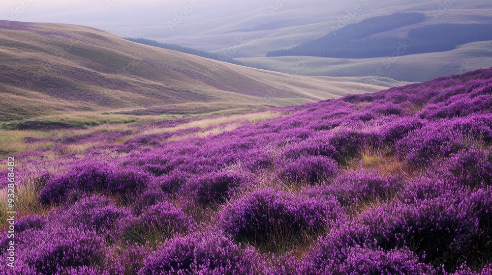 Purple fields of heather on a hillside, vibrant and vast, serene nature landscape - Purple fields of heather on a hillside, vibrant and vast, serene nature landscape -