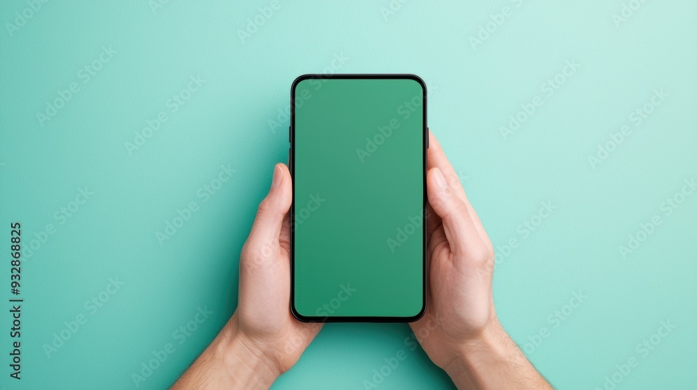 Modern Smartphone with Green Screen on Turquoise Background for Smart Home - Minimalist Tech Concept Modern Smartphone with Green Screen on Turquoise Background for Smart Home - Minimalist Tech Concept