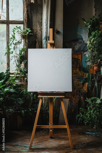 Blank canvas standing on easel in an art studio waiting for a painter photo