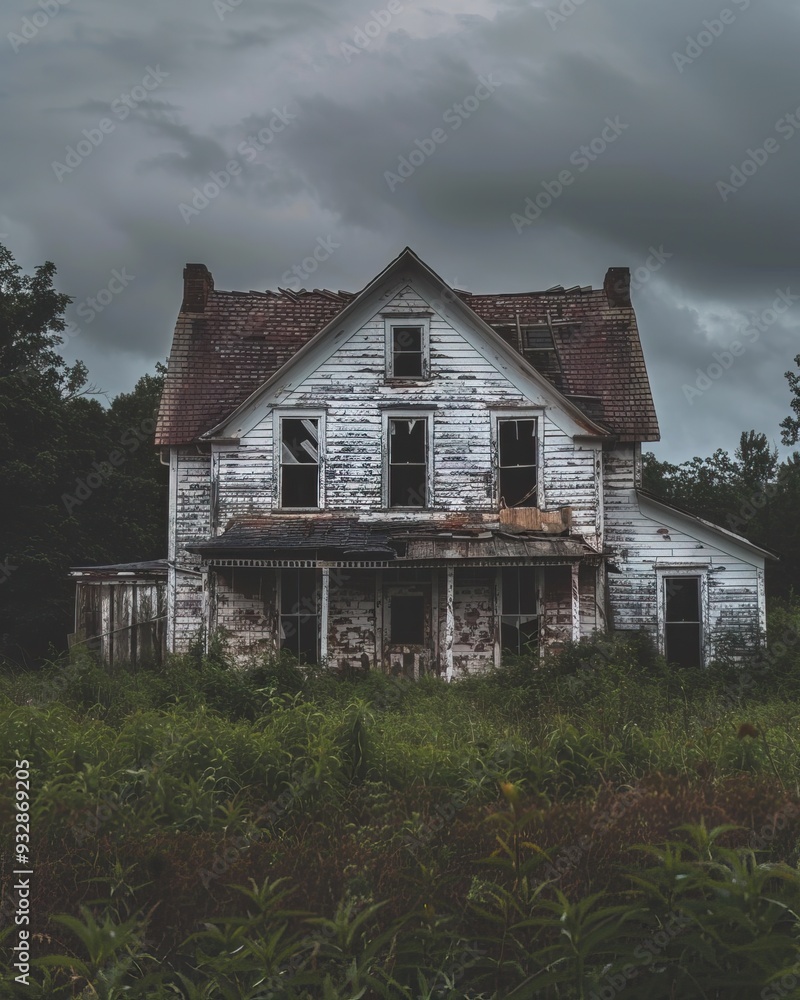 Abandoned white farmhouse Dark stormy sky Overgrown vegetation Dilapidated porch Rural decay Eerie atmosphere Forgotten property Weathered wood Gloomy scene Abandoned white farmhouse Dark stormy sky Overgrown vegetation Dilapidated porch Rural decay Eerie atmosphere Forgotten property Weathered wood Gloomy scene