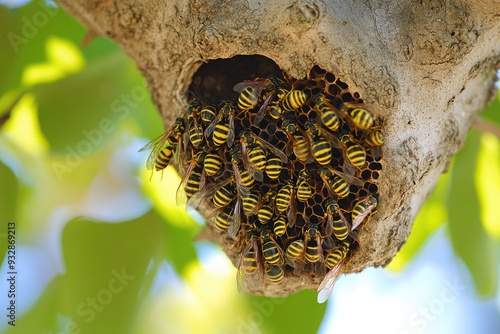 European wasps taking care of their nest built in a tree trunk photo