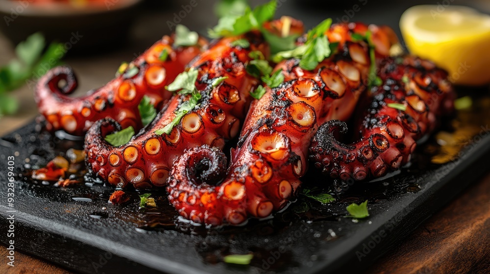 Grilled octopus tentacles seasoned with parsley lying on black serving board Grilled octopus tentacles seasoned with parsley lying on black serving board