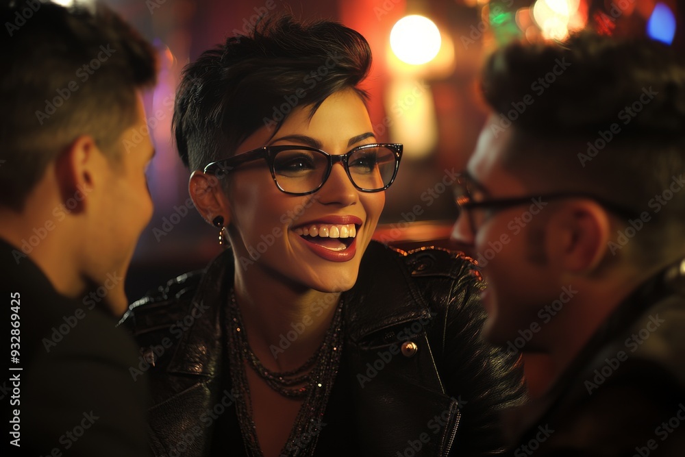 A dynamic and vibrant nightlife scene featuring a fashionable woman laughing with friends at a bar capturing the energy excitement and social connection of a night out in the city A dynamic and vibrant nightlife scene featuring a fashionable woman laughing with friends at a bar capturing the energy excitement and social connection of a night out in the city