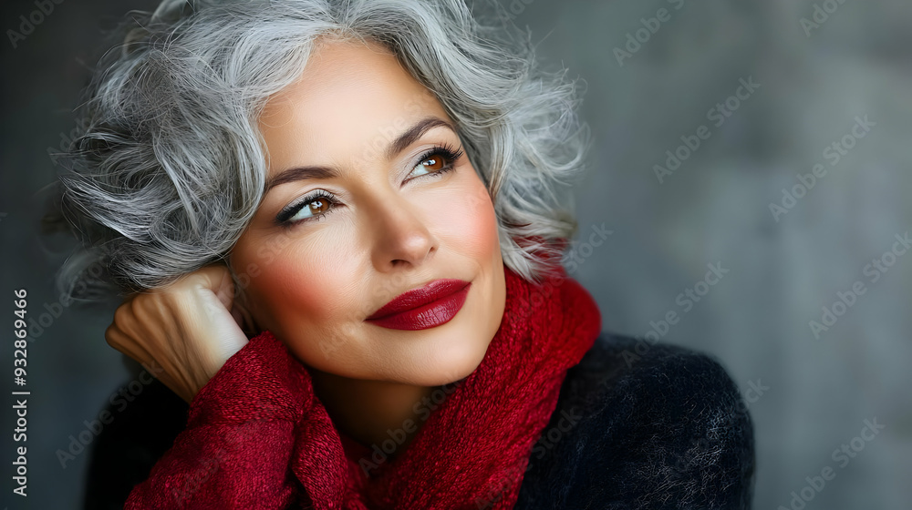 Portrait of a beautiful woman with gray hair, red lipstick, and a red scarf. Portrait of a beautiful woman with gray hair, red lipstick, and a red scarf.