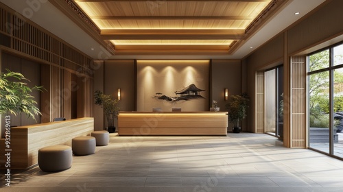 Modern Zen Interior Design: Reception Area with Wood Accents and Minimalist Decor