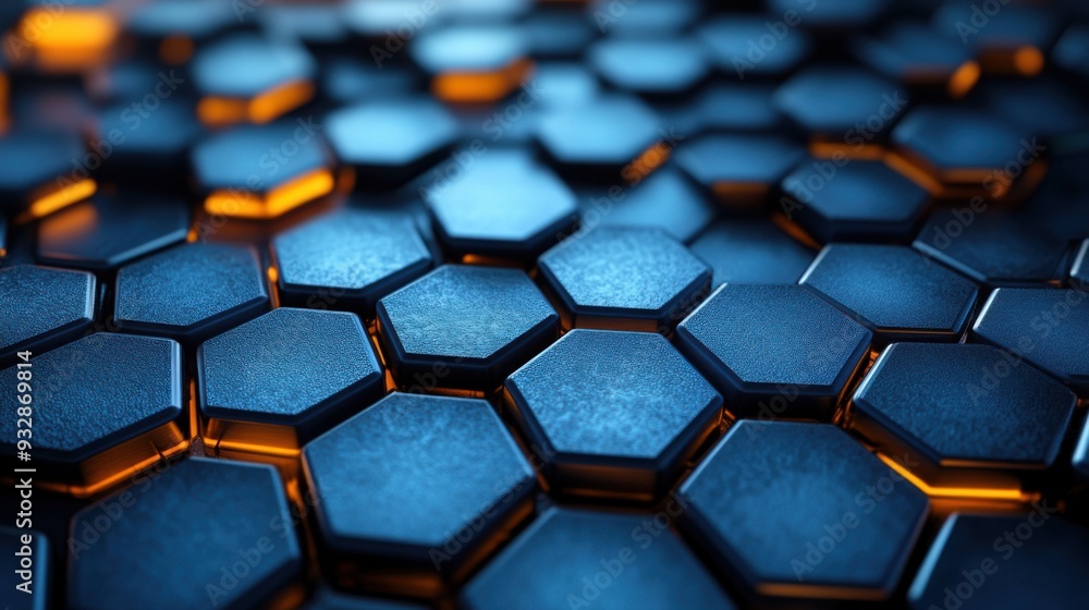 A close-up view of hexagonal tiles with glowing edges. A close-up view of hexagonal tiles with glowing edges.