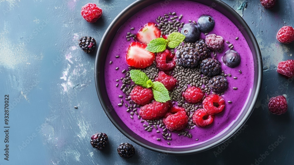 Purple smoothie bowl with berries and seeds, healthy and delicious, vibrant breakfast Purple smoothie bowl with berries and seeds, healthy and delicious, vibrant breakfast