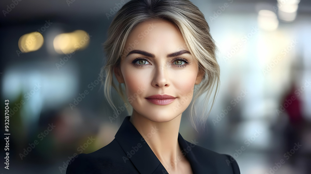 Portrait of a beautiful young woman with blonde hair and green eyes, wearing a black blazer, looking at the camera with a smile. Portrait of a beautiful young woman with blonde hair and green eyes, wearing a black blazer, looking at the camera with a smile.