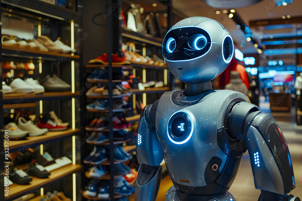 未来のショッピングモール。ロボットが手伝い、監視する現代建築とテクノロジーの融合 未来のショッピングモール。ロボットが手伝い、監視する現代建築とテクノロジーの融合