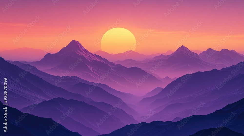 Obraz premium Purple sunset over the mountains, tranquil and majestic, peaceful evening scene